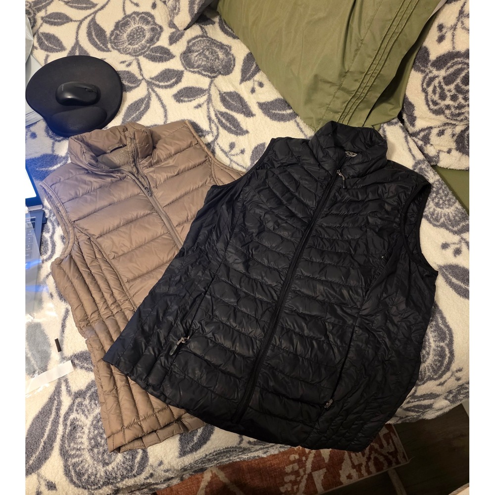 Lot of 2 32 Degrees Heat Womens Puffer Vests Black Khaki Tan Size Medium Quilted